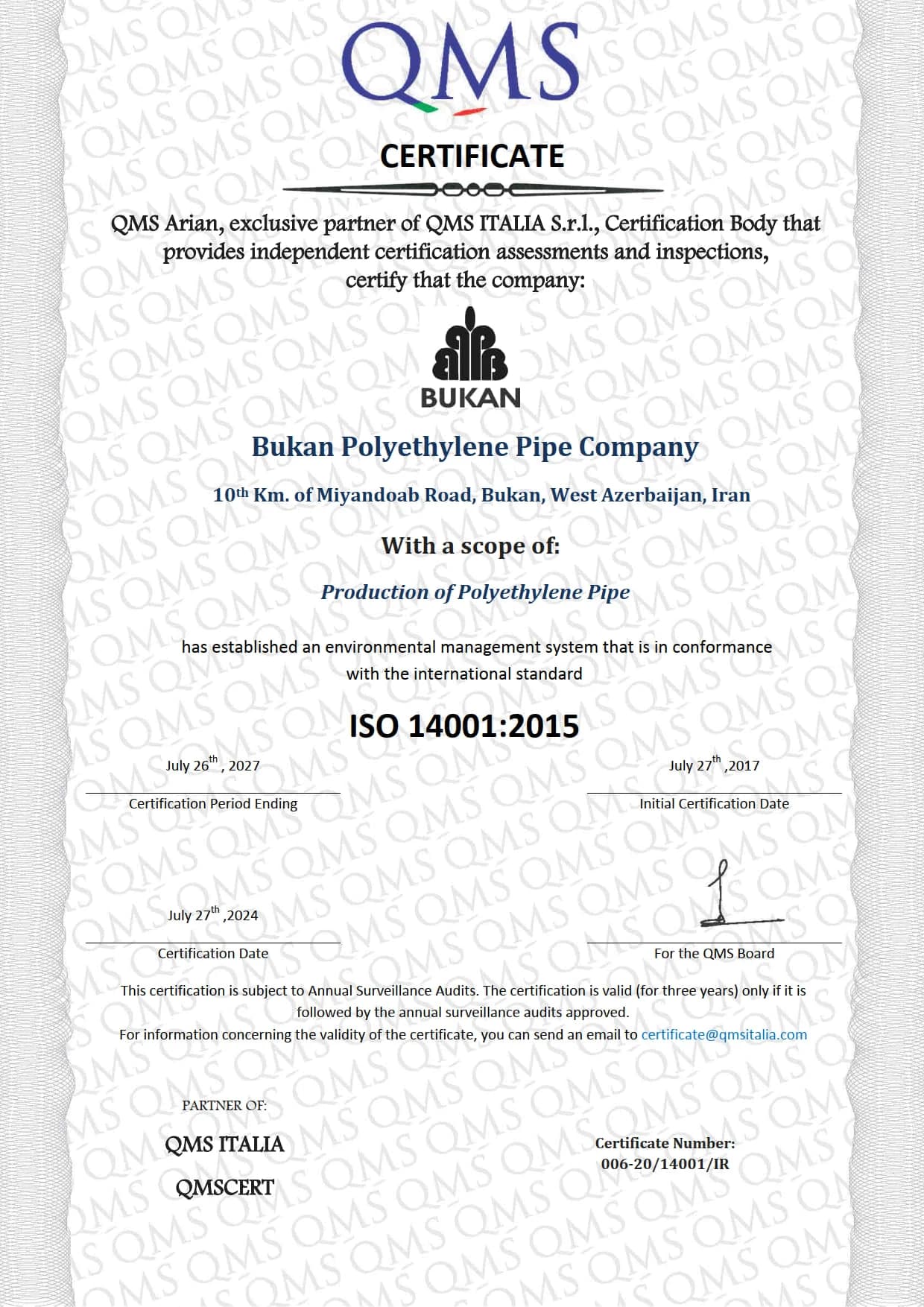 Bukan Pipe; ISO 14001:2015 environmental management certificate; QMS