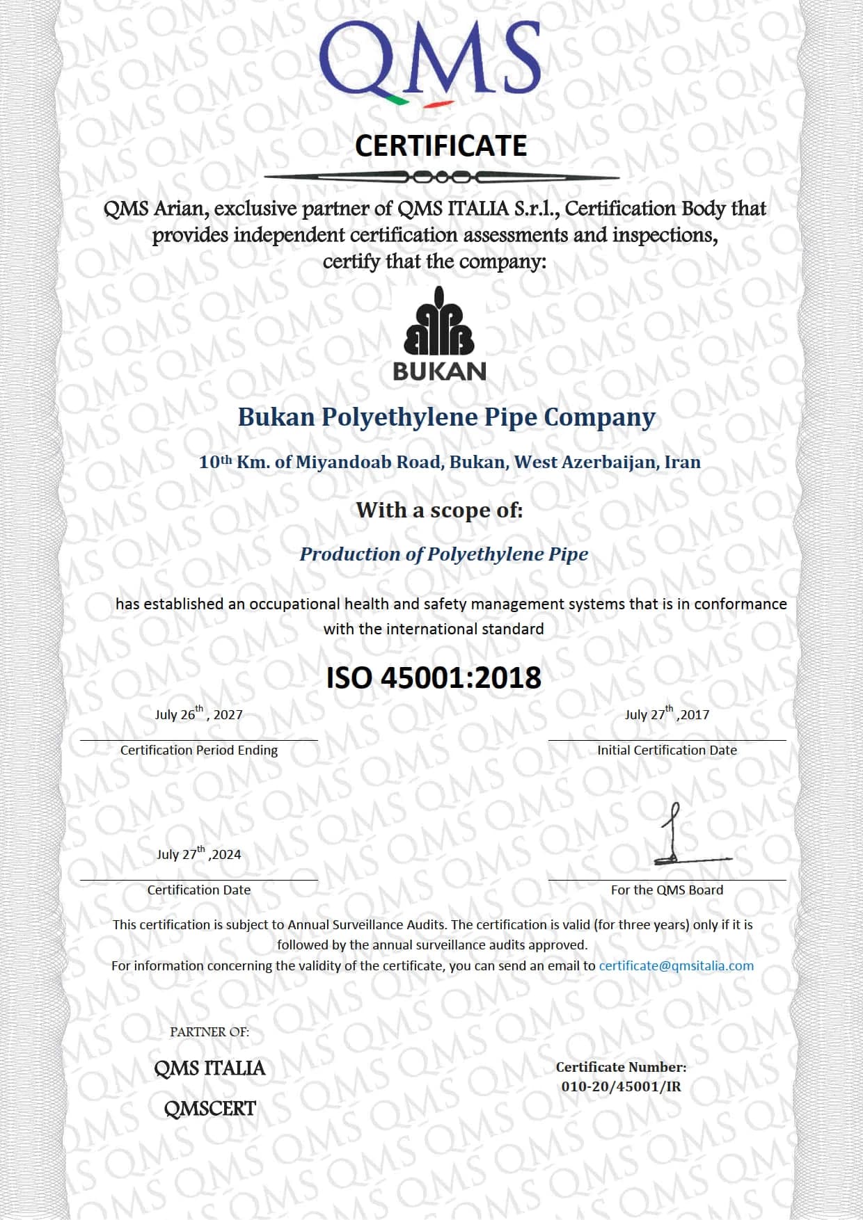 Bukan Pipe; ISO 45001:2018 occupational health and safety management certificate; QMS