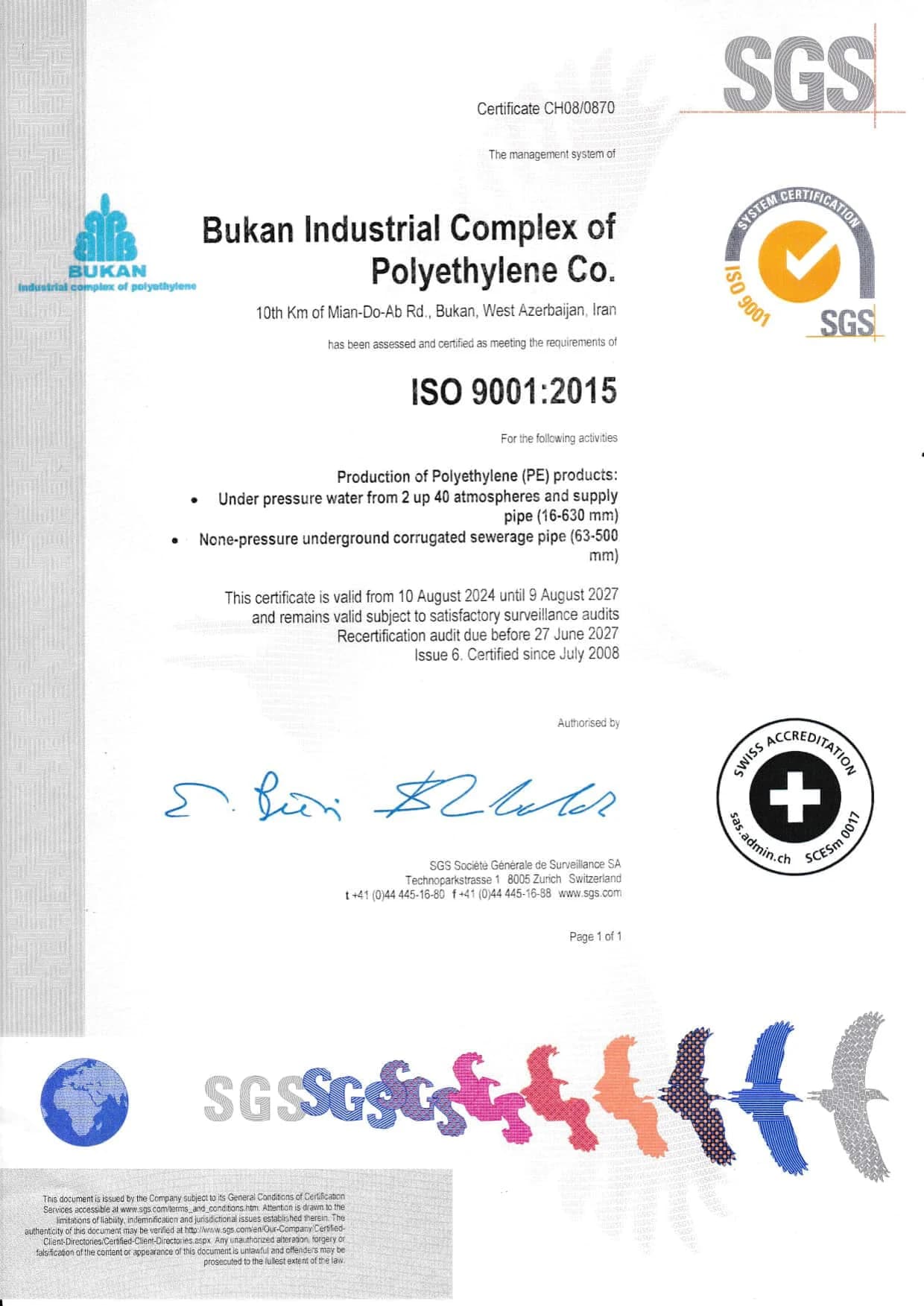 Bukan Pipe; ISO 9001:2015 quality management certificate; issued by SGS