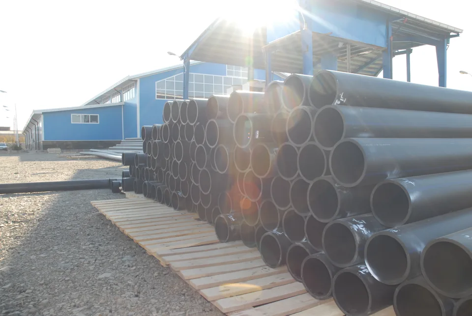 Polyethylene pipe products in the open yard at Bukan Pipe